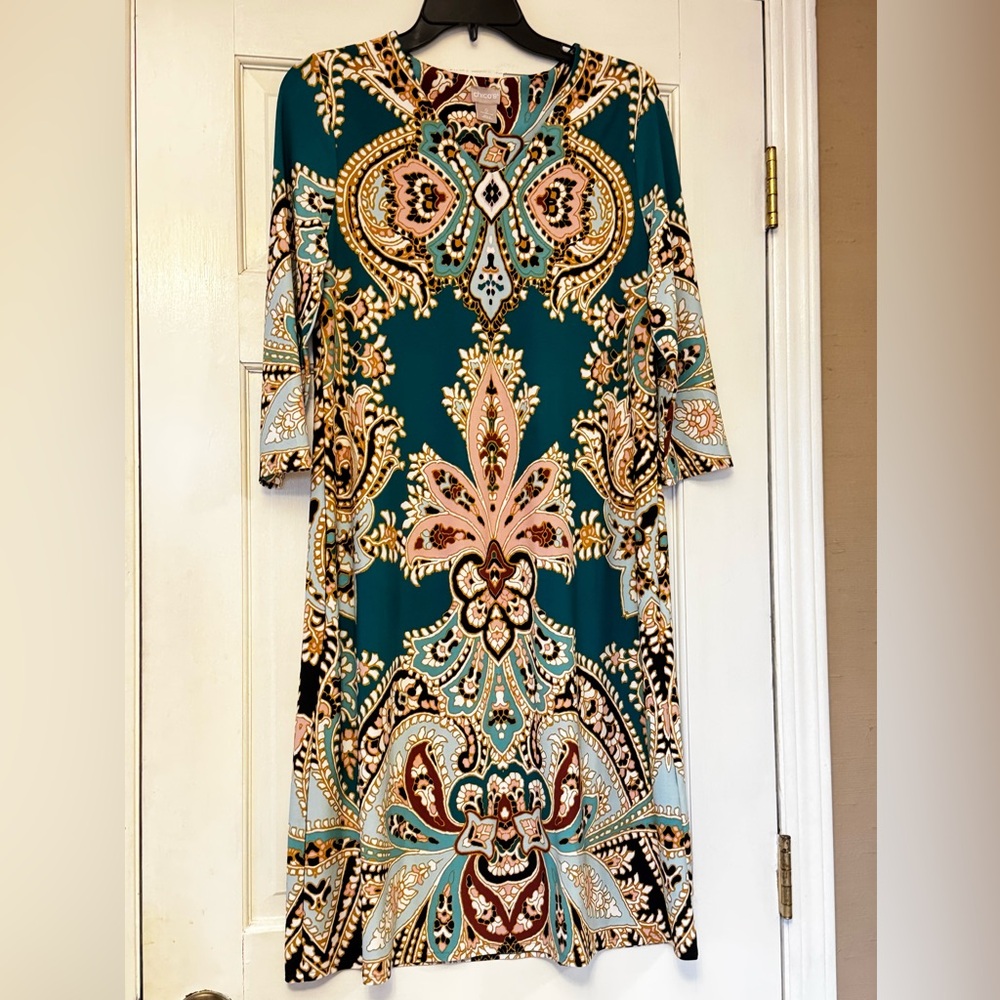 Chico's Teal and Gold Long Sleeve Dress‎